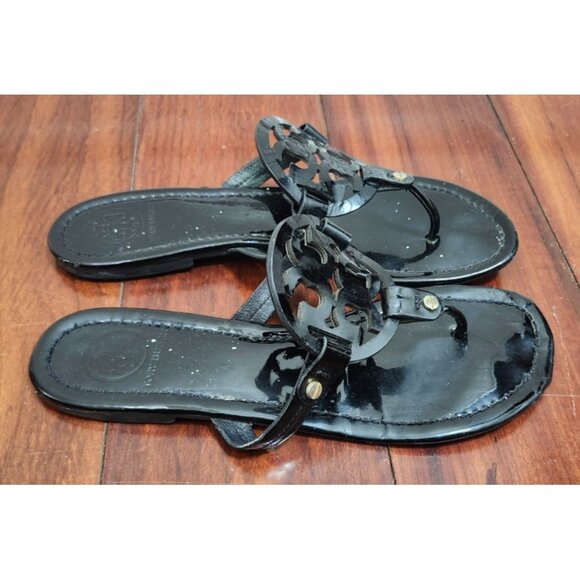 Tory Burch Miller Sandals Black Patent Leather Logo Thong Flip Flops Women Sze 9 - Picture 6 of 14
